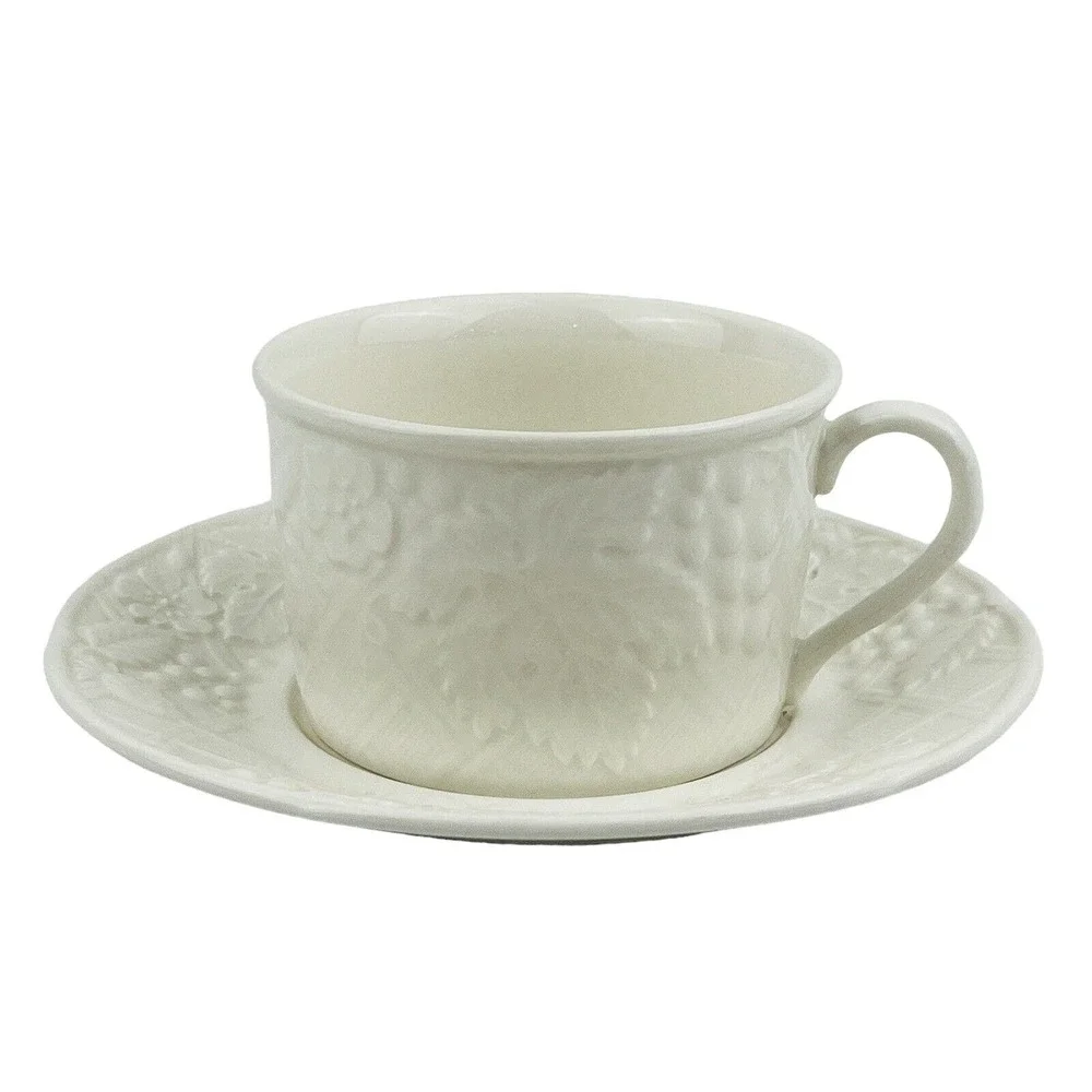 Mikasa English Countryside Flat Cup & Saucer Set White Stoneware Embossed Fruit